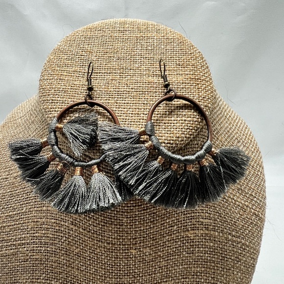 Grey Fringe Statement Earrings - Picture 3 of 5